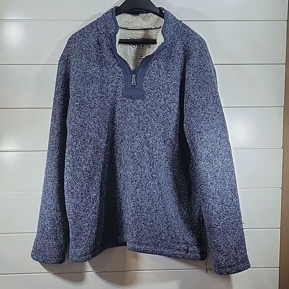 Orvis Men’s L Brighton Sweater Jacket Blue Heathered 1/4 Zip Sherpa Pullover - Picture 1 of 4
